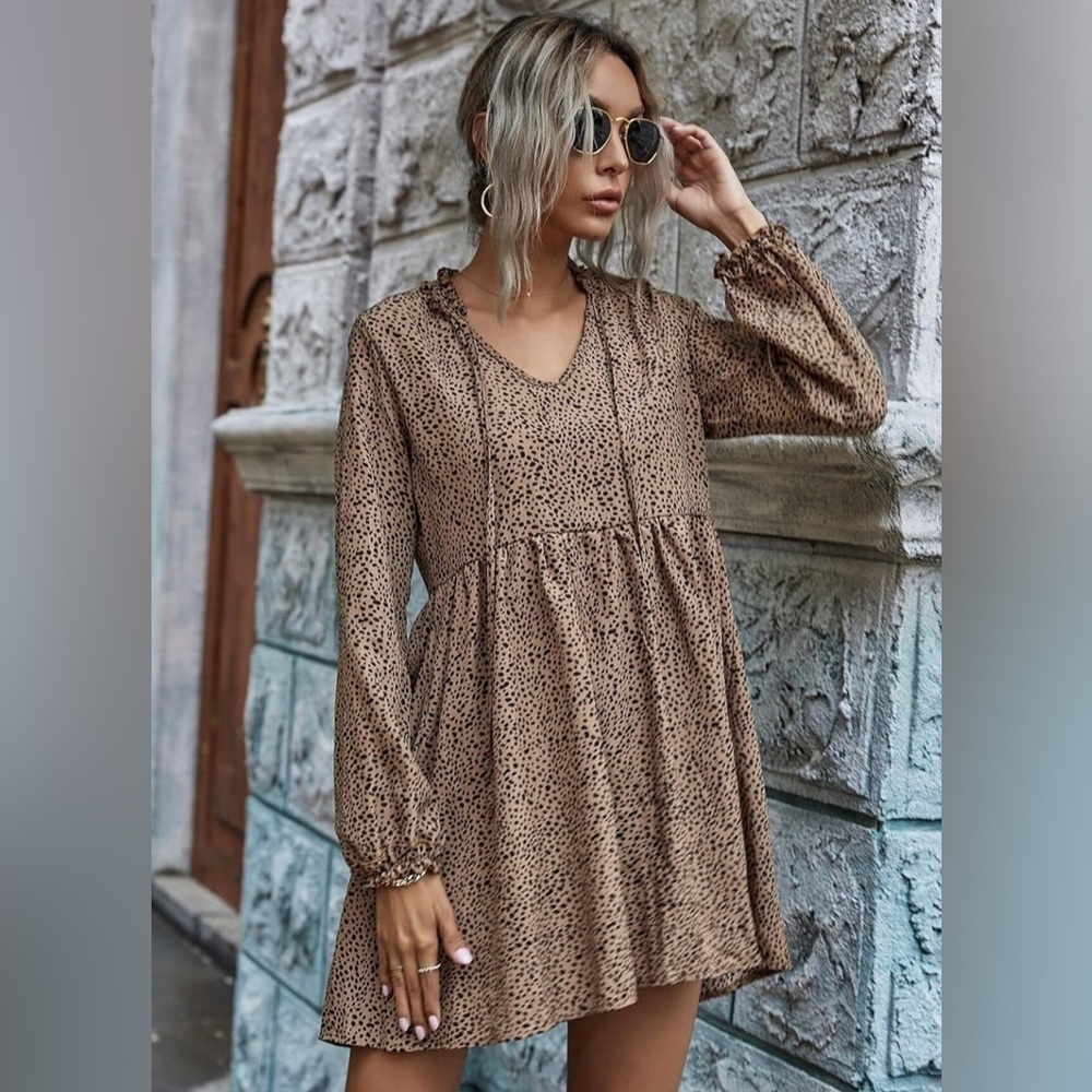 SHEIN Long Sleeve Babydoll Mini Dress – Tan with Black Dots - Size Small